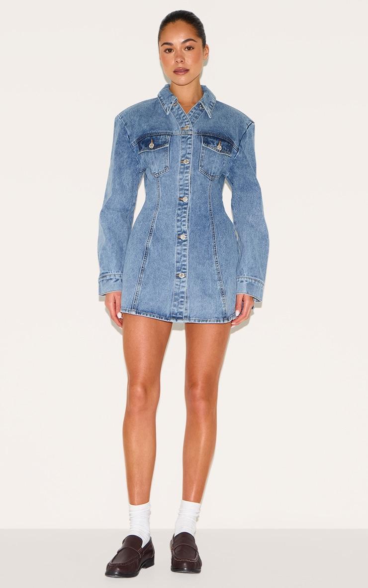 Mid Blue Wash Cinched Waist Denim Shirt Dress Product Image
