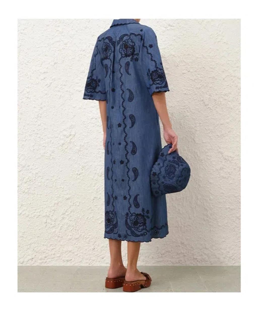 ZIMMERMANN Womens Railway Blue Aster Embroidered Denim Midi Dress Xs Product Image