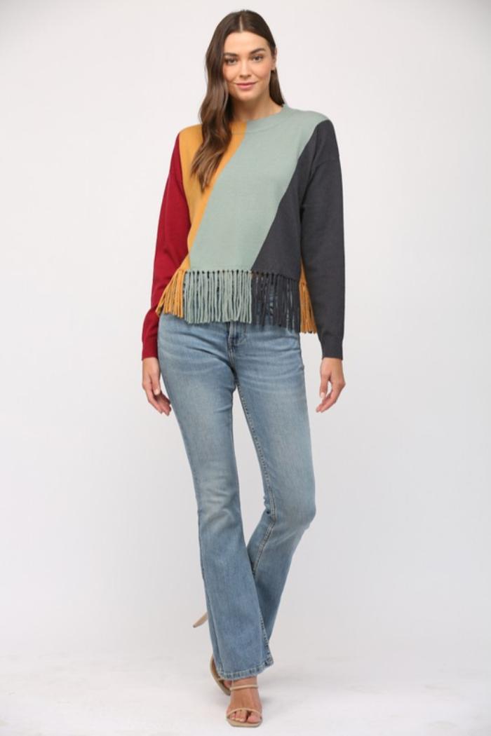 Colorblock Fringe Sweater Product Image