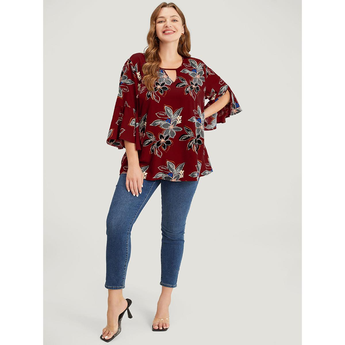 Plus Size Scarlet Floral Print Keyhole Neck Split Bell Sleeve Blouse Women Elegant Elbow-length sleeve Round Neck Dailywear Blouses BloomChic 12/L Product Image