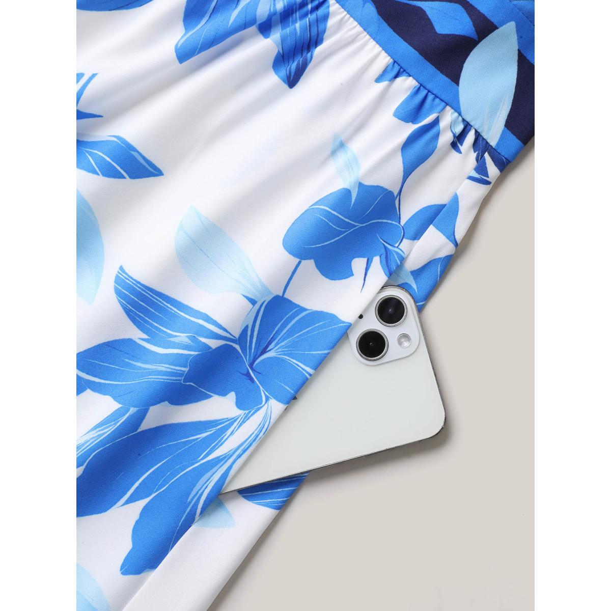 Plus Size Positioned Floral Waist-Cinched Midi Dress DarkBlue Women Elegant Gathered V-neck Half Sleeve Curvy BloomChic 22-24/3X Product Image