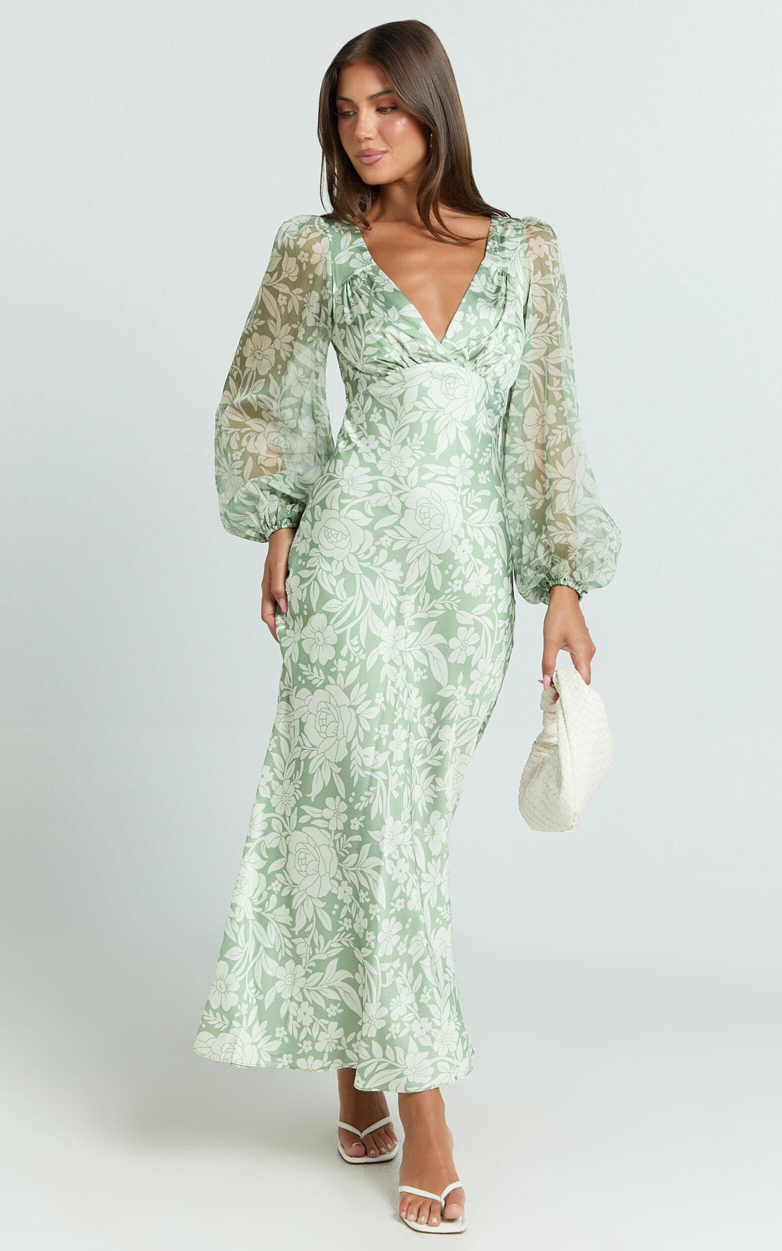 Freollyn Midi Dress - Deep V Neck Long Sleeve Dress in Sage Product Image