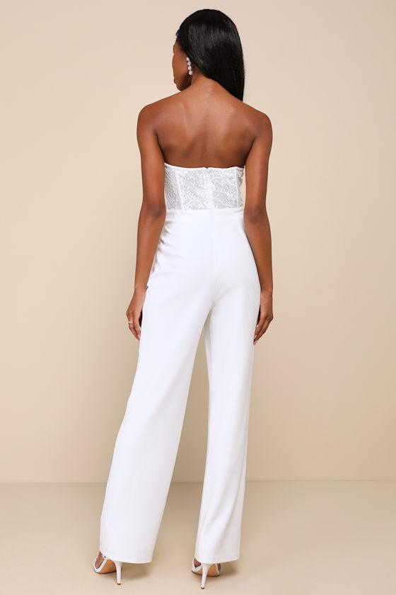 Positively Impressive White Lace Strapless Bustier Jumpsuit Product Image