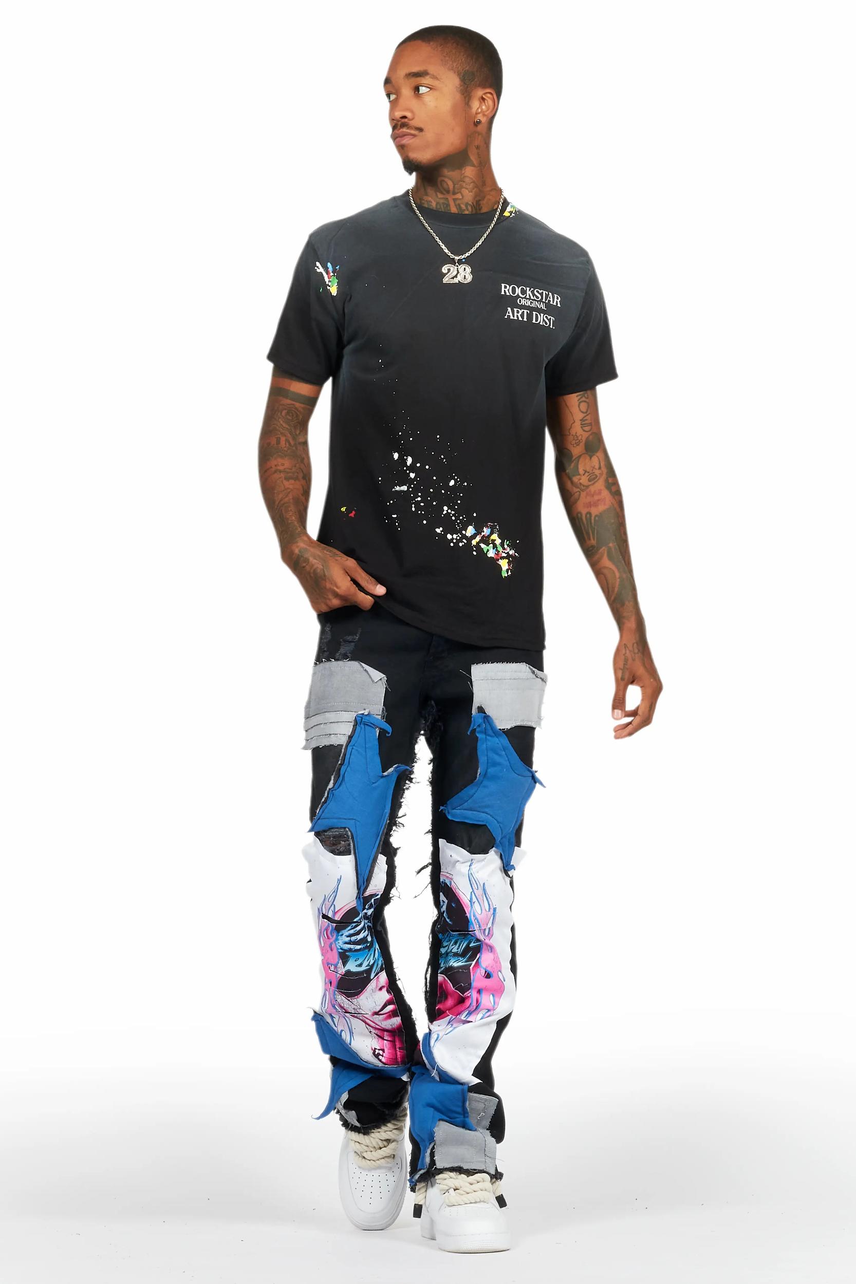 Helios Dark Grey Patchwork Stacked Flare Jean Male Product Image