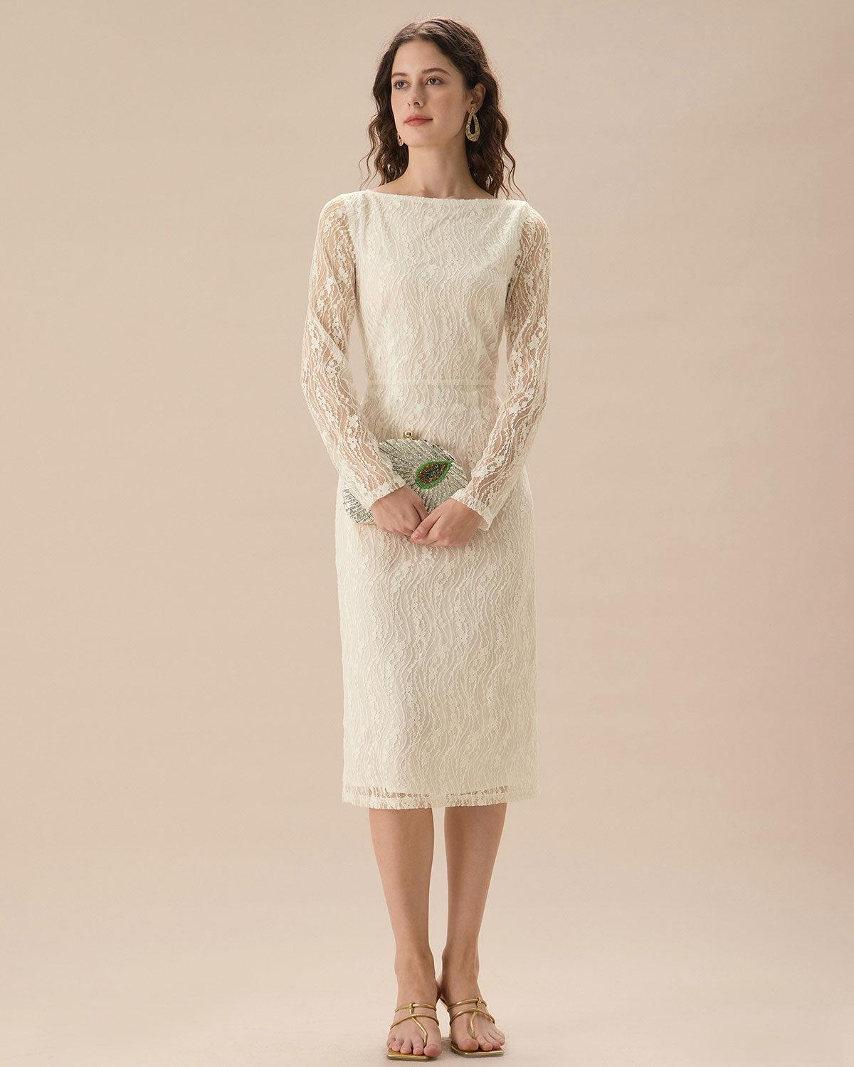 Apricot Lace Boat Neck Long Sleeve Midi Dress Product Image