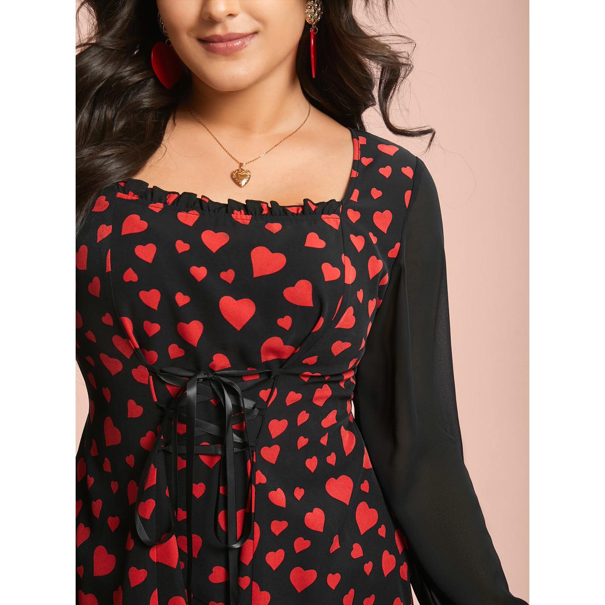 Plus Size Black Heart Print Patchwork Waist-Tie Blouse Women Romantic Extra Long Sleeve Square Neck Elegant Blouses BloomChic 14-16/1X Product Image