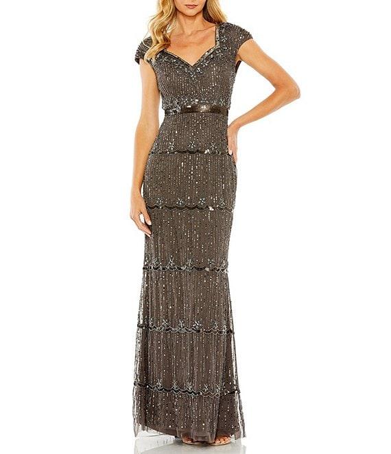 Mac Duggal Sweetheart Neck Cap Sleeve Teired Sequin Column Gown Product Image