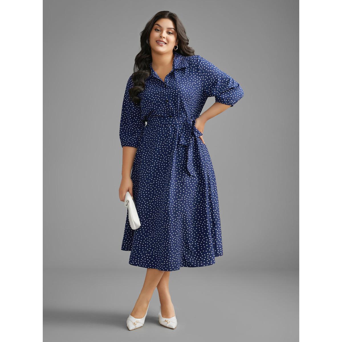 Plus Size Polka Dot Shirt Collar Belted Dress DarkBlue Women At the Office Belted Shirt collar Elbow-length sleeve Curvy BloomChic 30/6X Product Image