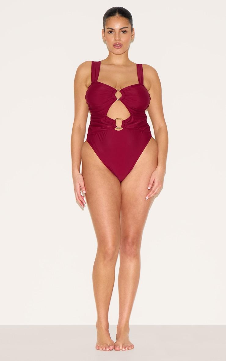 Plus Burgundy O Ring Ruched Cut Out Swimsuit Product Image