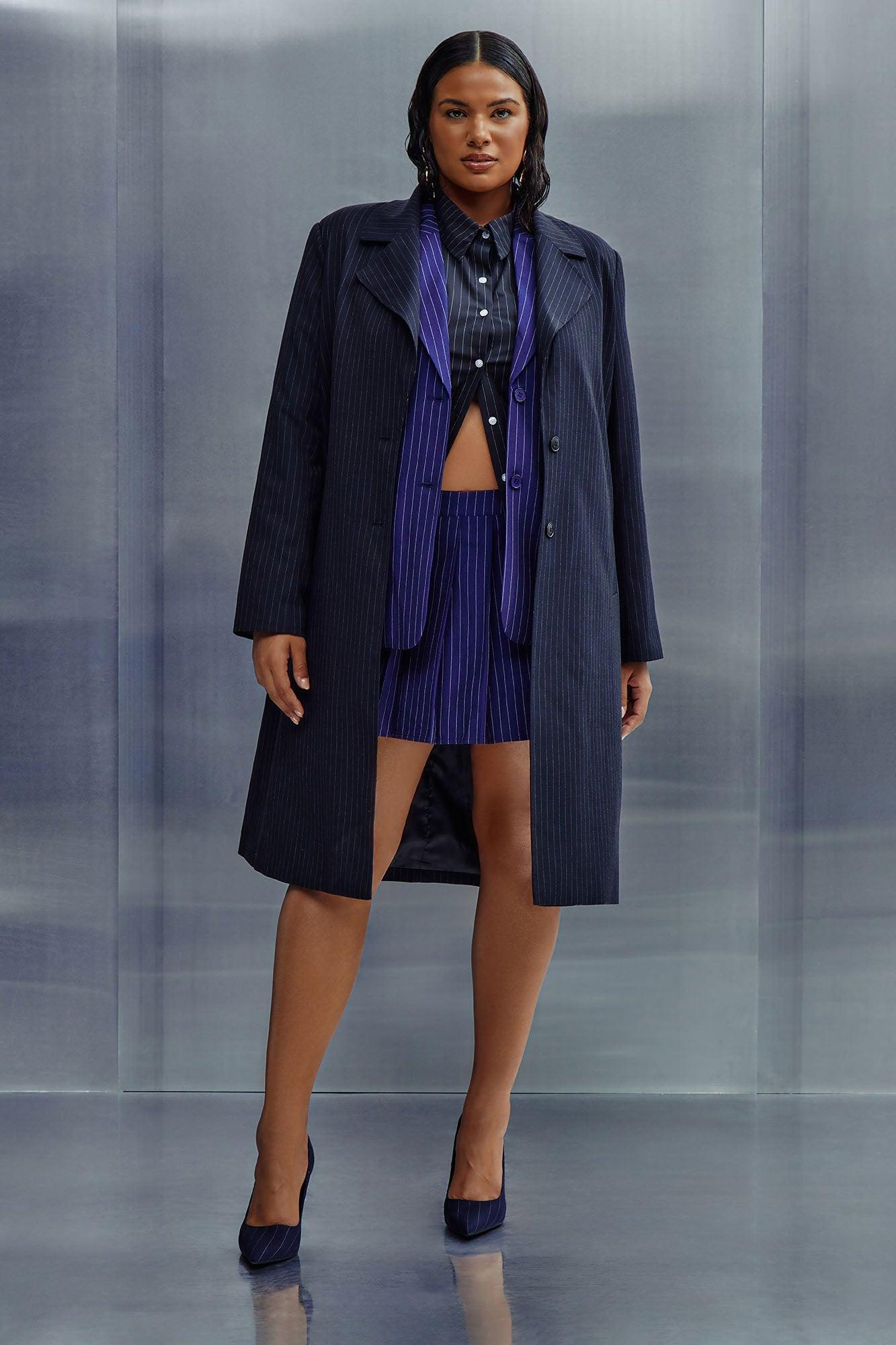 Business Plans Pinstripe Long Blazer - Black/combo Female Product Image