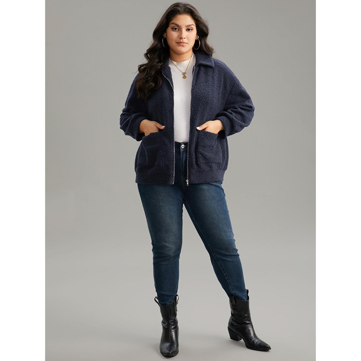 Plus Size Solid Zipper Pocket Teddy Jacket Women DarkBlue Casual Plain Ladies Dailywear Winter Coats BloomChic 26/4X Product Image