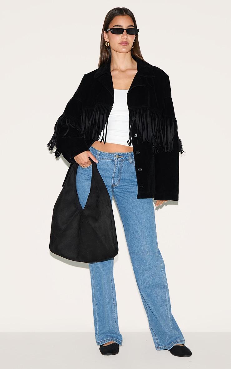 Black Faux Suede Heavy Fringed Jacket Product Image