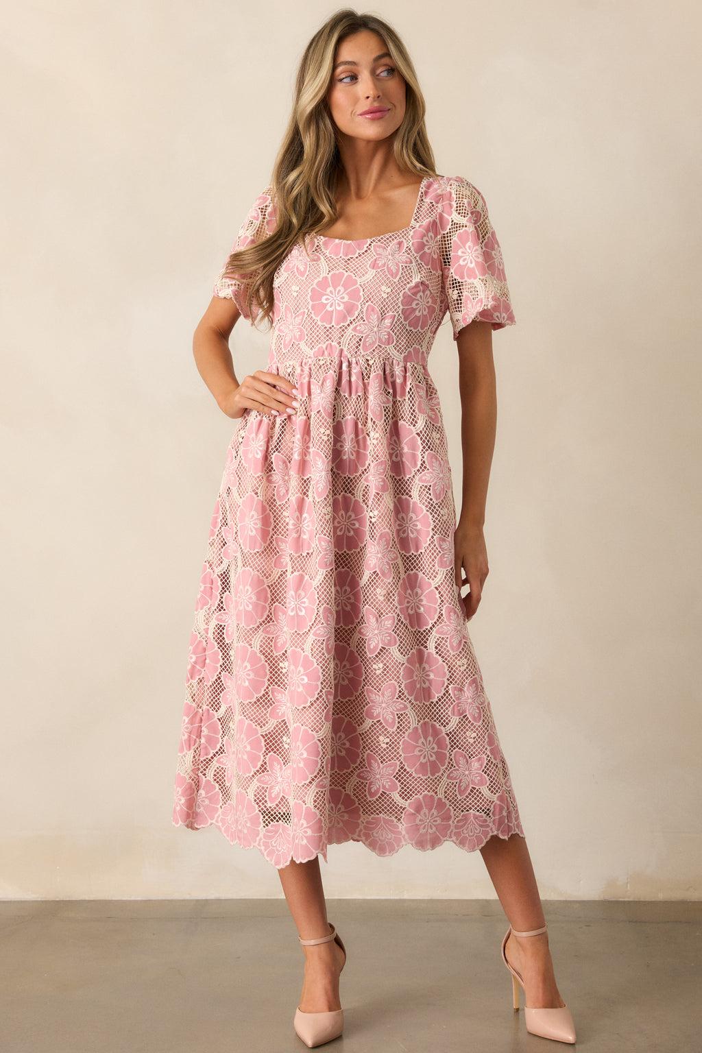 The Sweetest Rose Pink Embroidered Floral Midi Dress Product Image