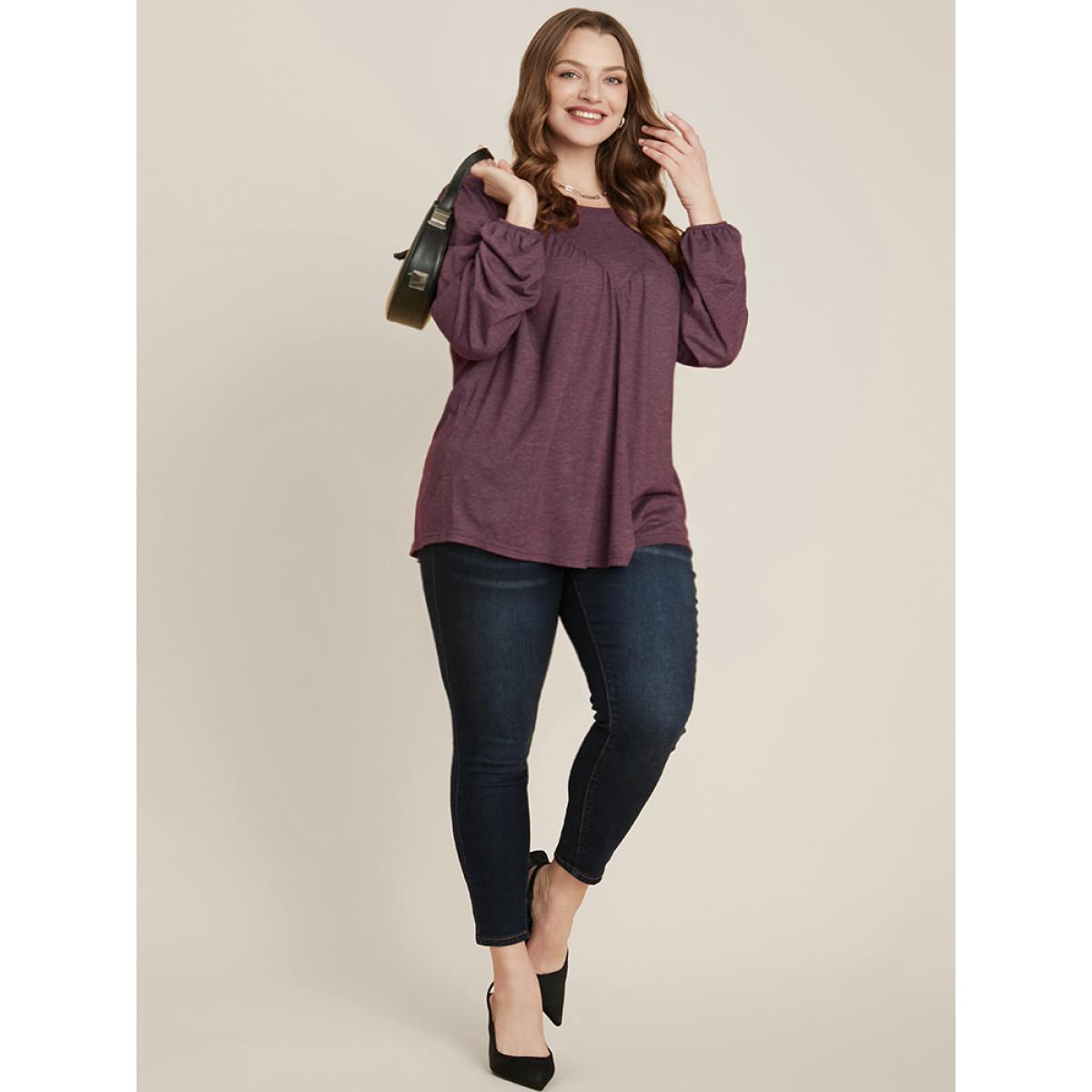 Plus Size DustyPink Solid Round Neck Gathered Lantern Sleeve Blouse Women Elegant Long Sleeve Round Neck Dailywear Blouses BloomChic 10/M Product Image