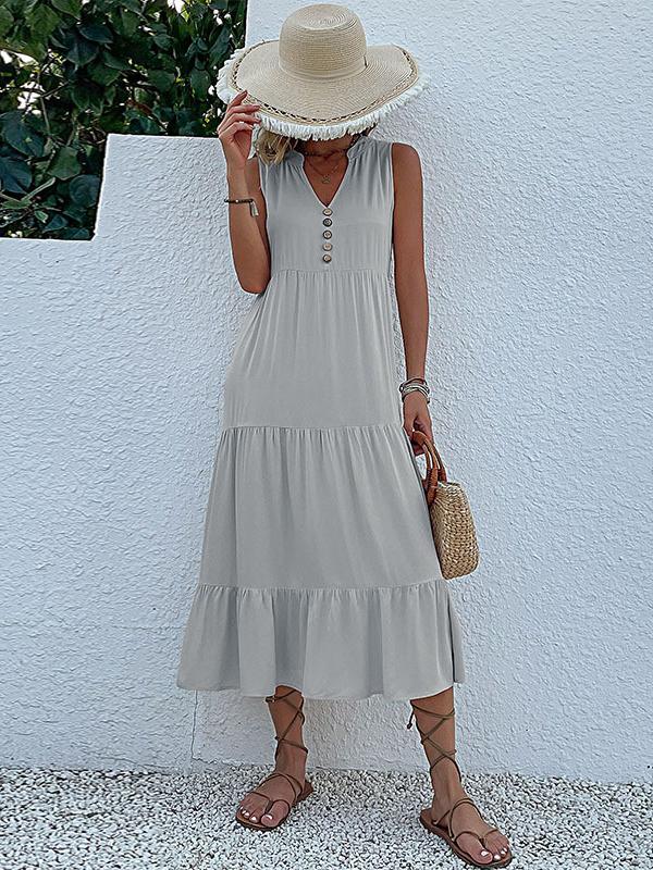 Loose Sleeveless Pleated Split-Joint V-Neck Midi Dresses Product Image