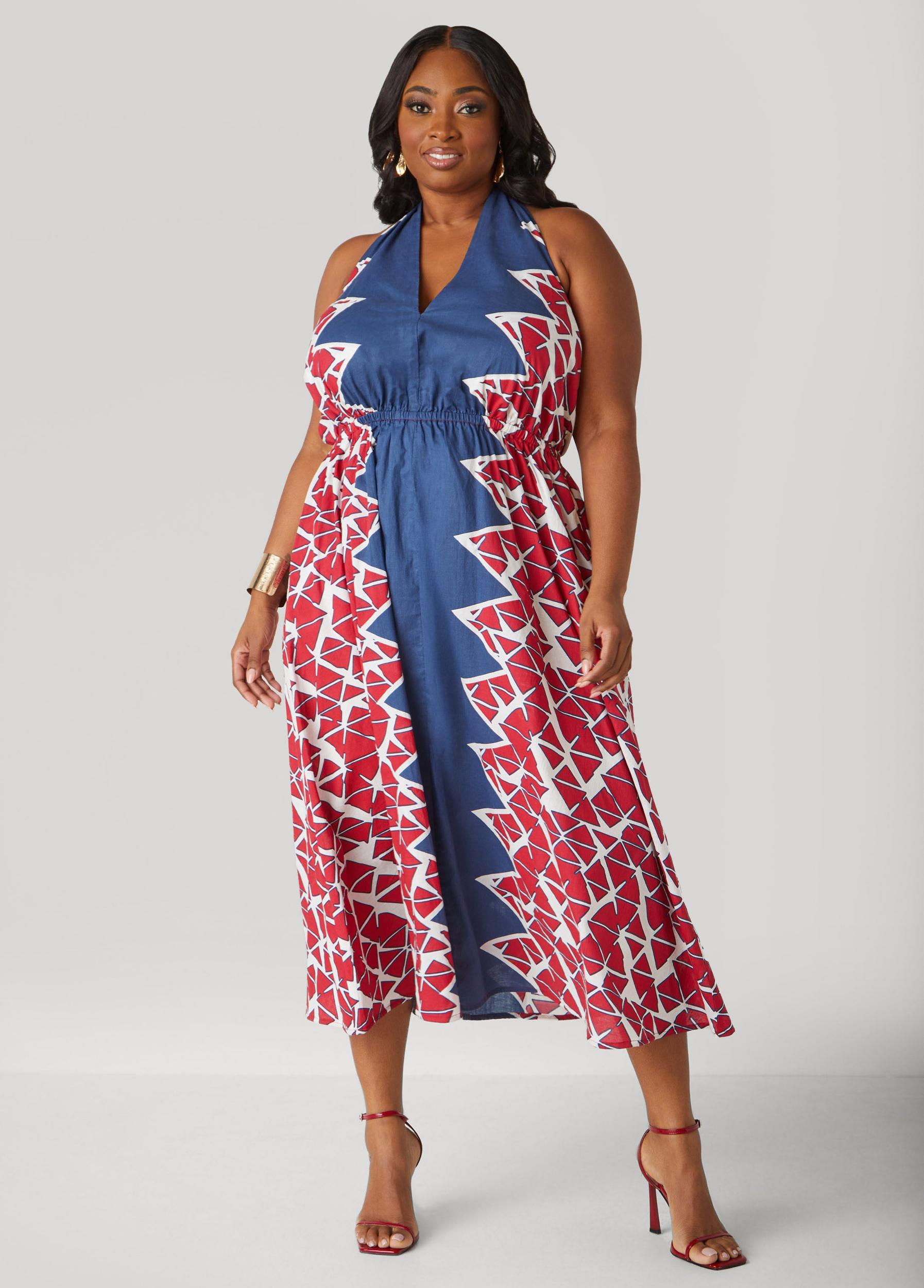 Plus Size Printed Cotton Halter Dress Ashley Stewart Product Image