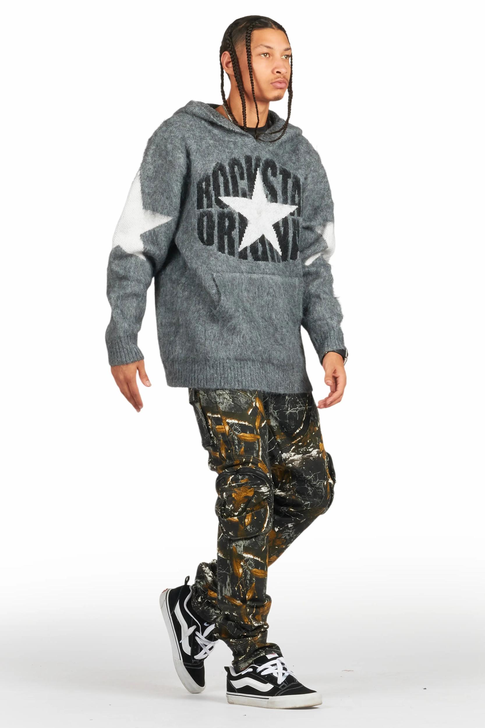 States Grey Graphic Knitted Mohair Hoodie Male Product Image