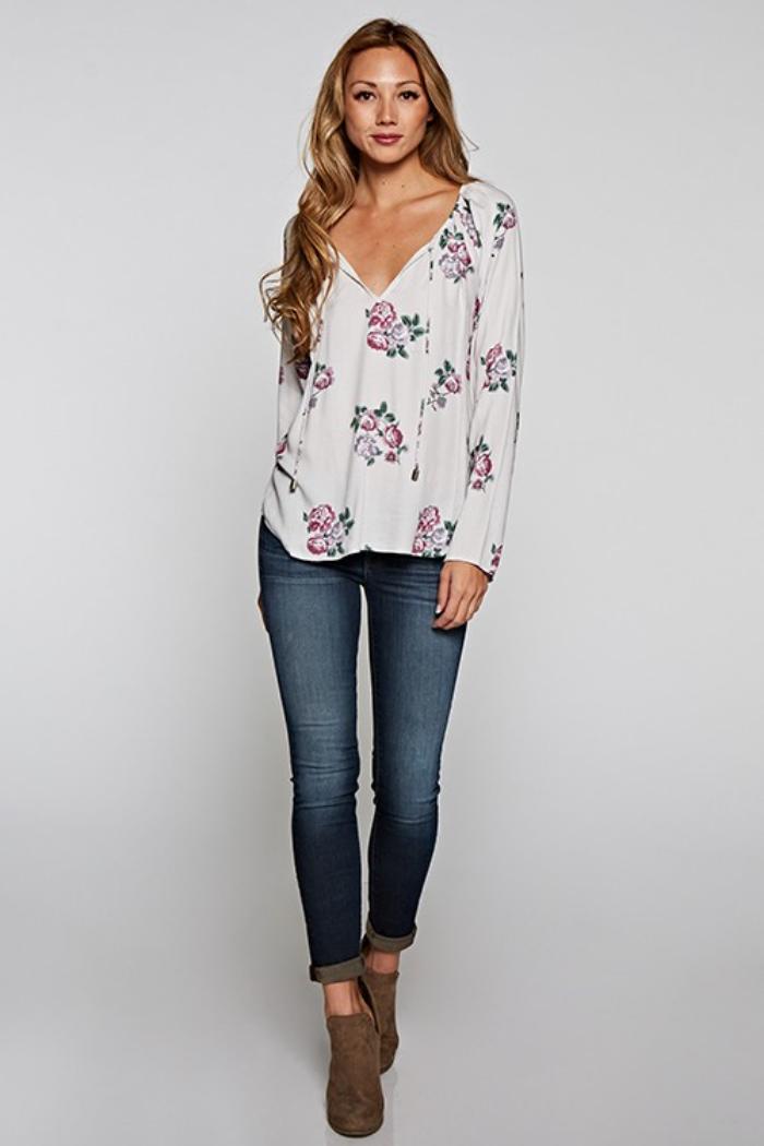 Floral V-Neck Tie Front Blouse Product Image