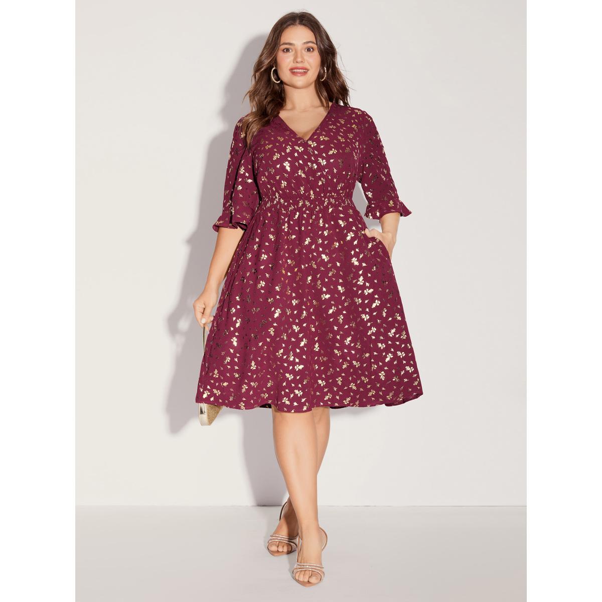 Plus Size Gold-Foil Shimmery Shirred-Waist Midi Dress Scarlet Women Overlapping Overlap Collar Half Sleeve Curvy BloomChic 28/5X Product Image