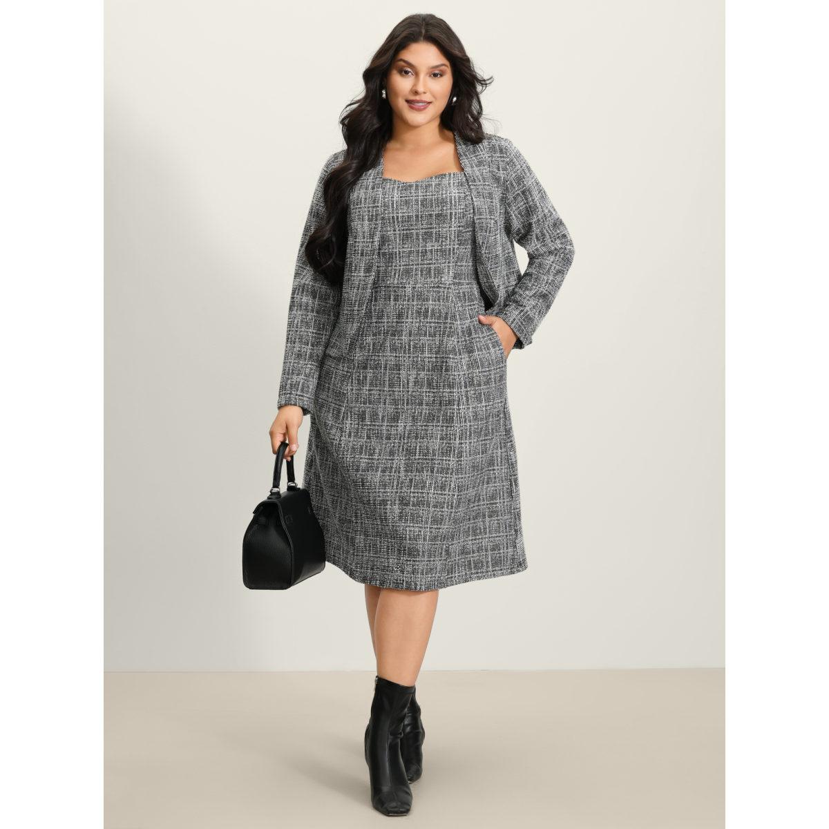Plus Size Tweed Sweetheart Neck Cinched-Waist Midi Dress Black Women Office Texture Non Sleeveless Curvy BloomChic 28/5X Product Image