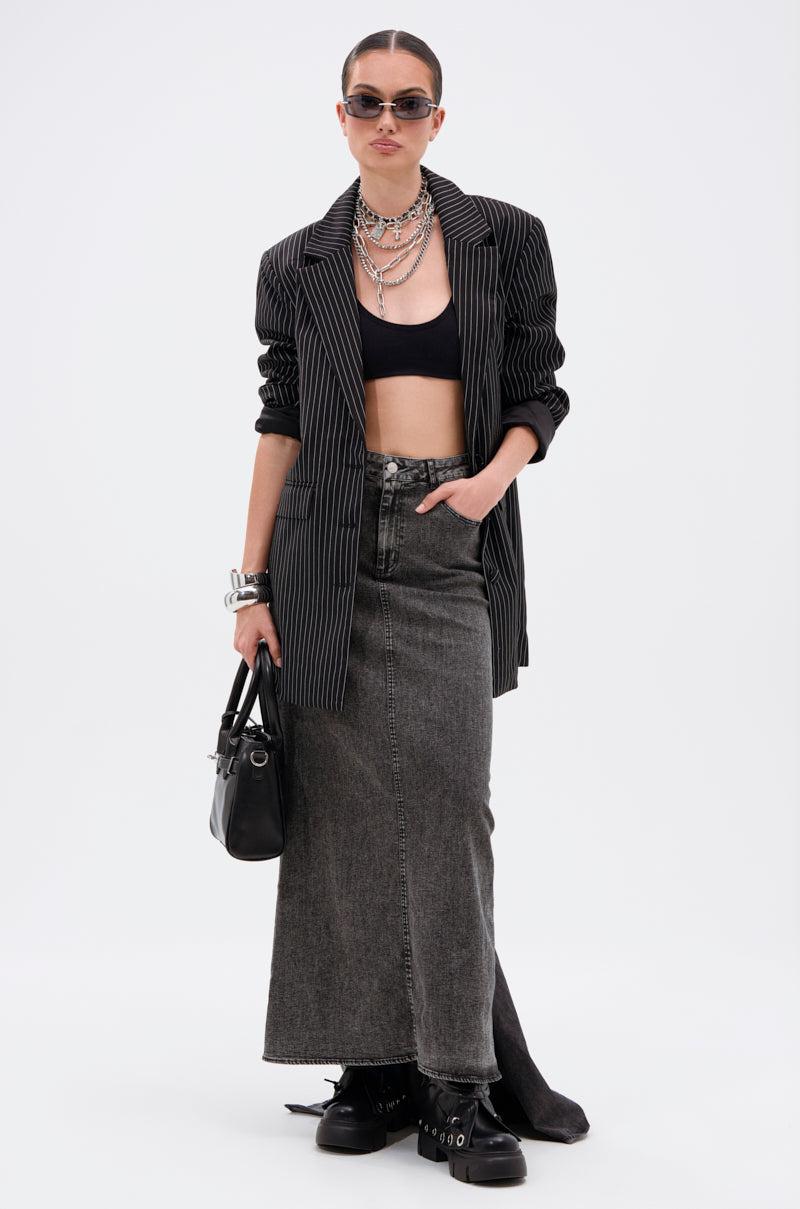 OH THE DRAMA DENIM MAXI SKIRT WITH TRAIN IN GREY Product Image