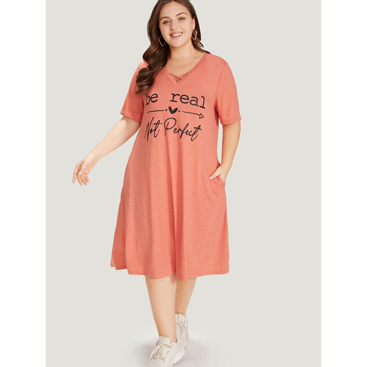 Plus Size Supersoft Essentials Letter Print Pocket Crisscross Neck Dress Coral Women Casual Plain Curvy Midi Dress BloomChic 18-20/2X Product Image