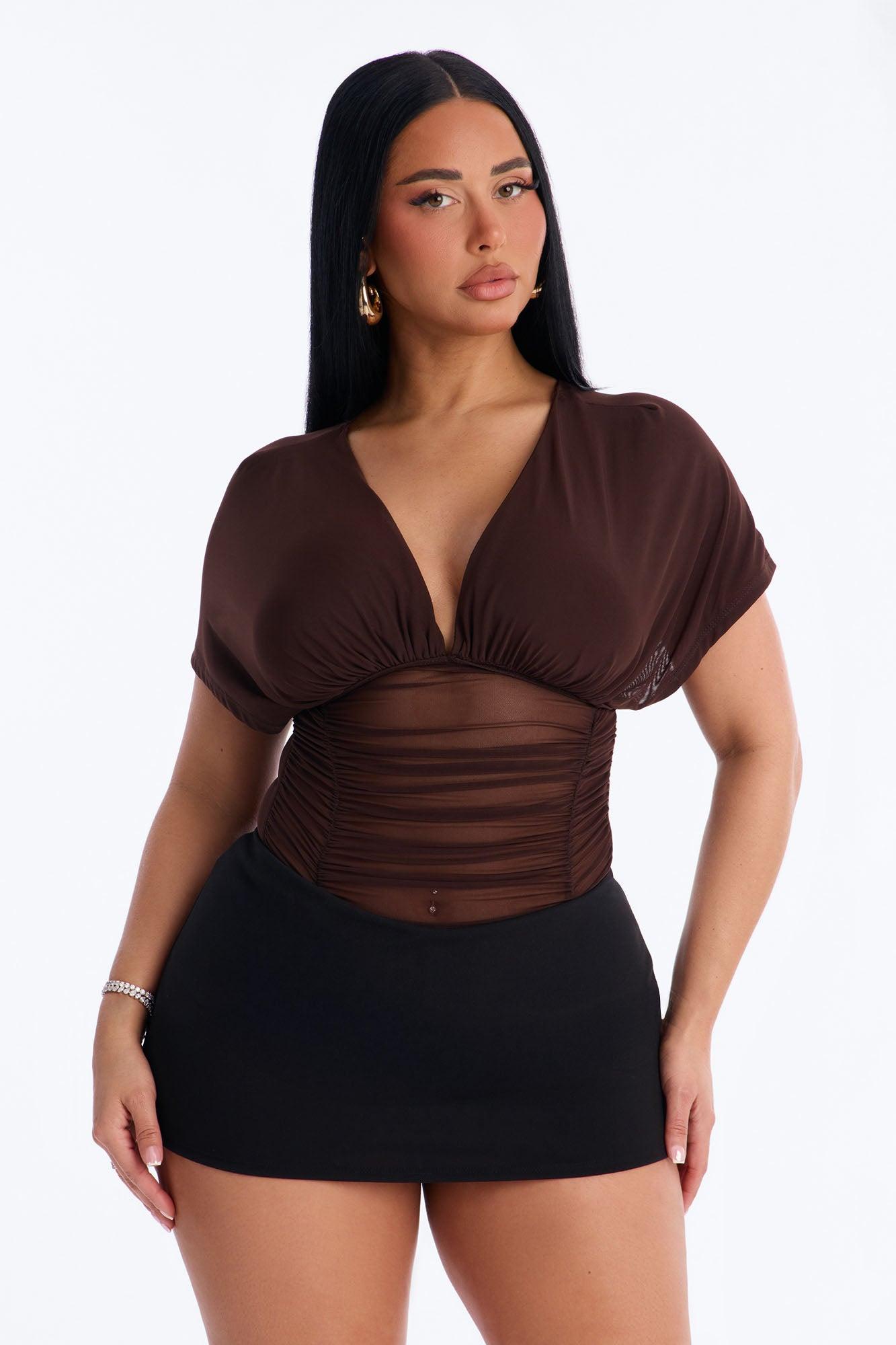 Leilani Sheer Mesh Ruched Short Sleeve Bodysuit - Brown Female Product Image