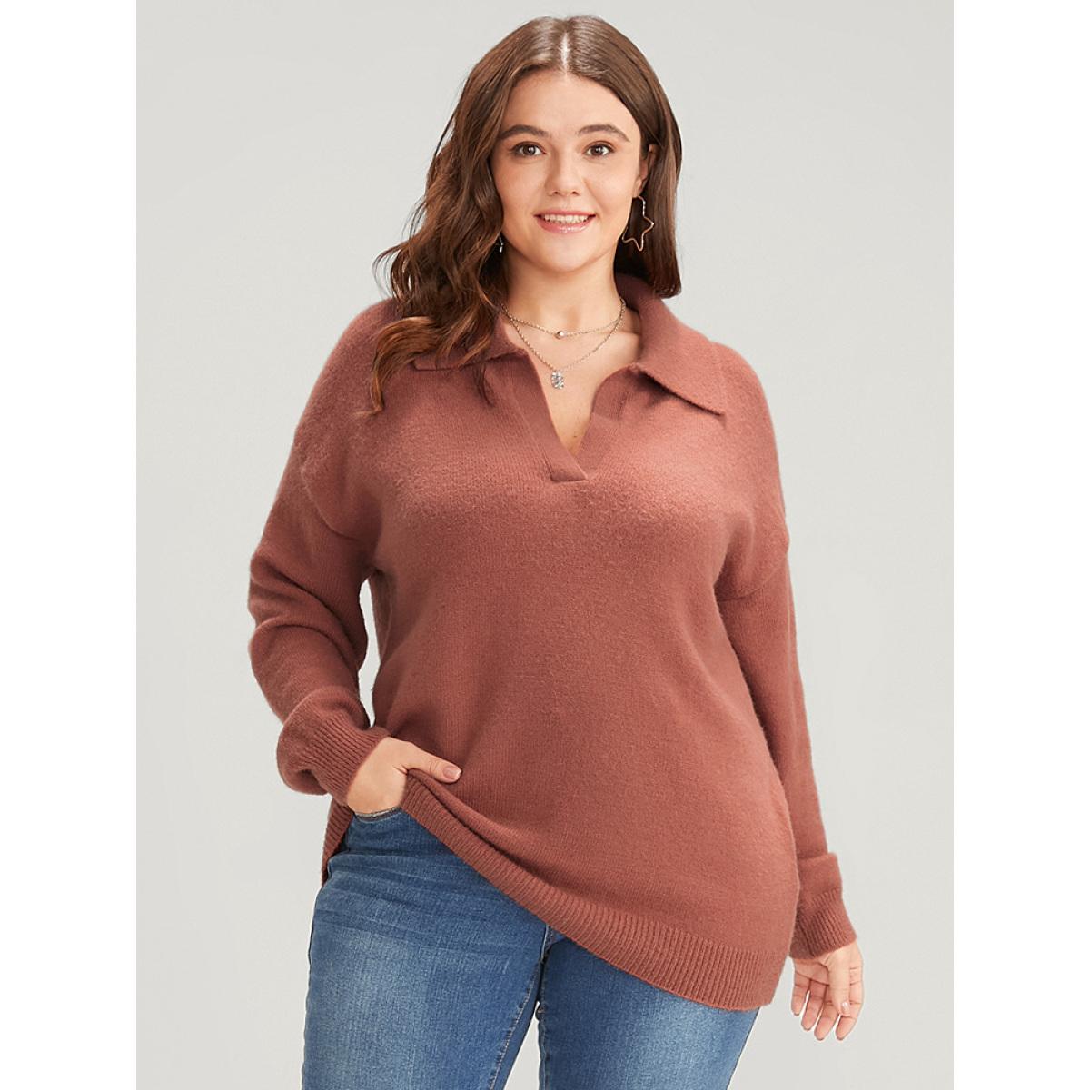 Plus Size Solid Super Soft Knit Lapel Collar Fluffy Knit Top Russet Women Casual Loose Long Sleeve Lapel Collar Dailywear Pullovers BloomChic 26/4X Product Image