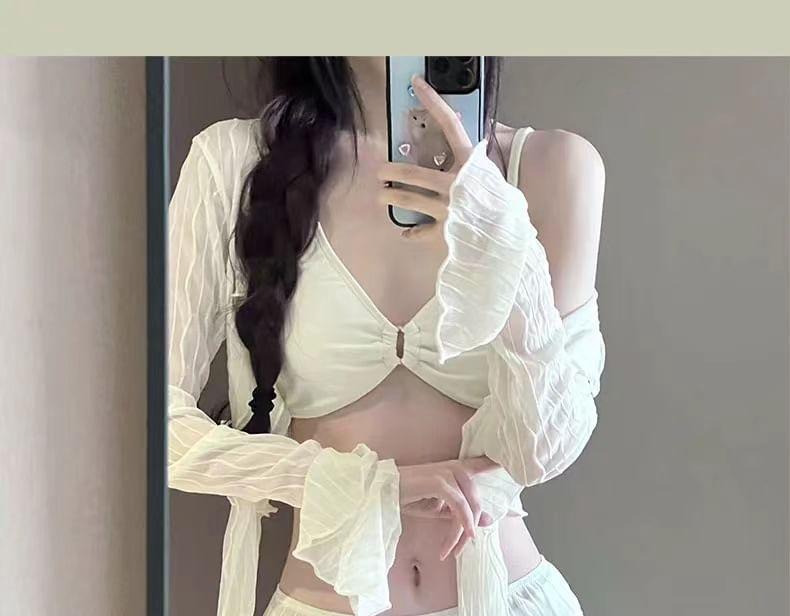 Set: Plain Shirred Bikini + Tie-Front Cover-Up + Skirt Product Image