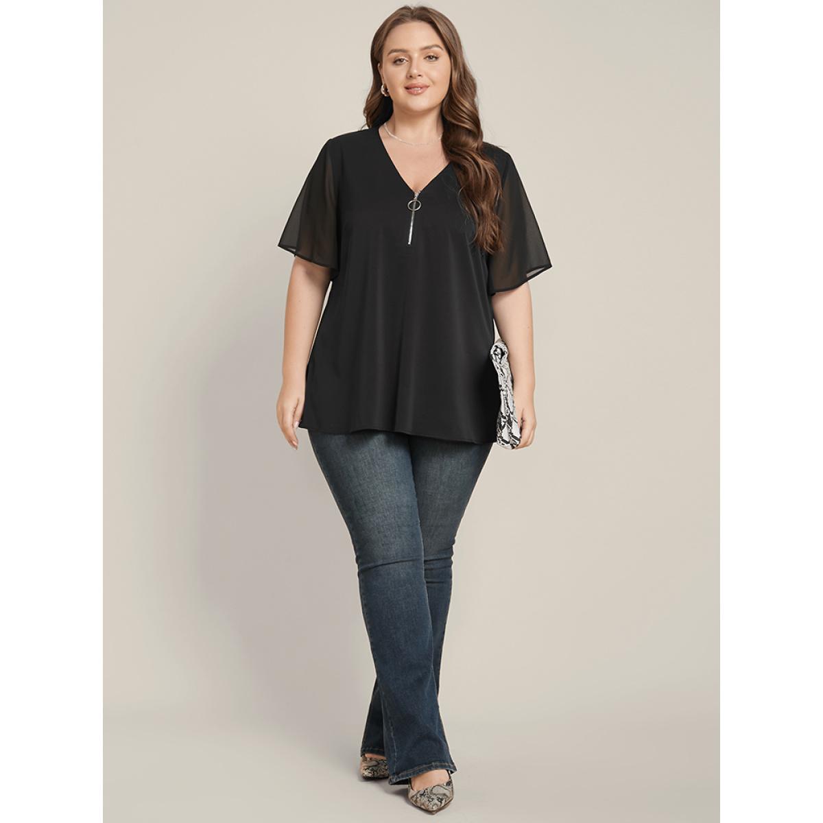 Plus Size Black Solid O Ring Zipper Mesh Ruffle Sleeve V Neck Blouse Women Office Short sleeve V-neck Work Blouses BloomChic 22-24/3X Product Image