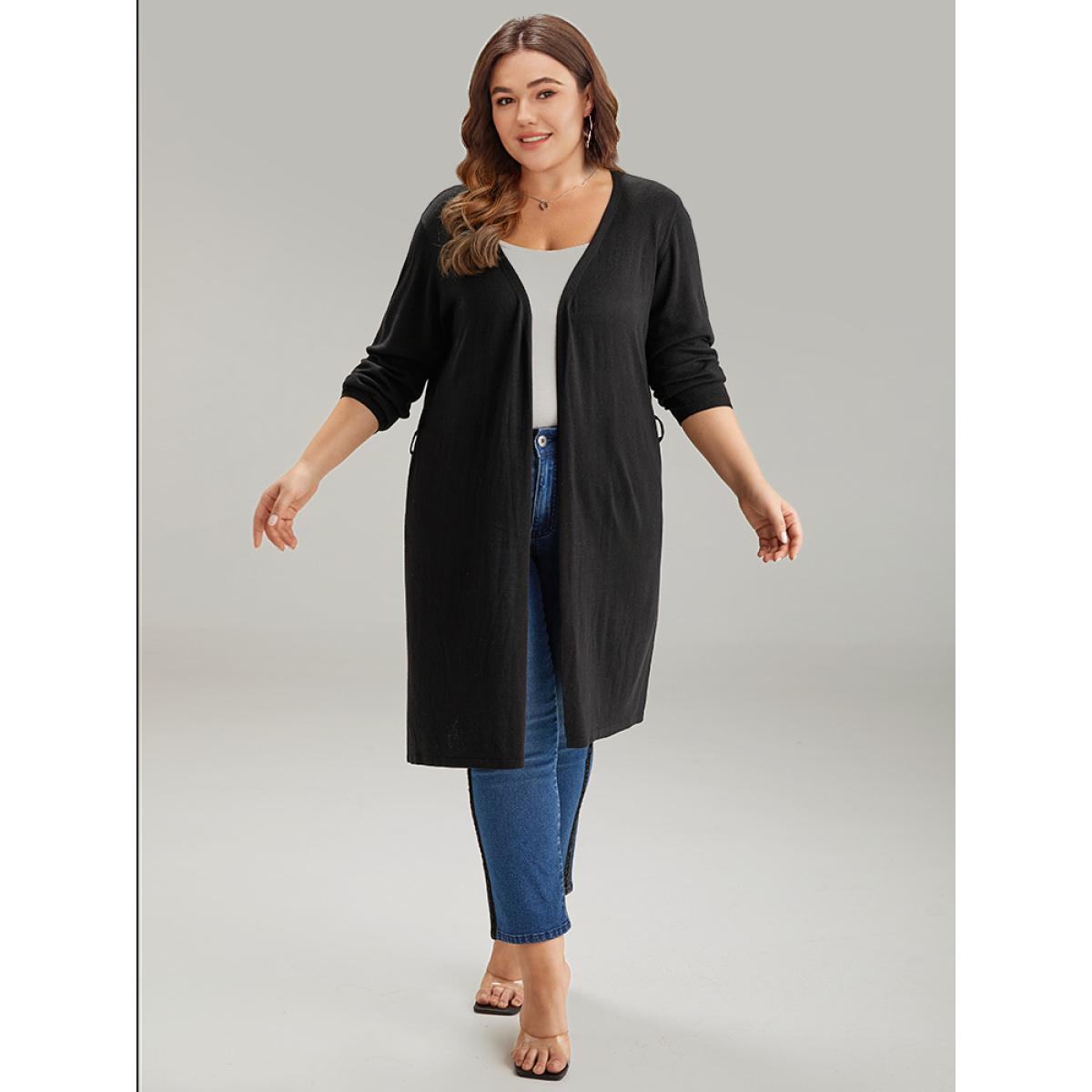 Plus Size Supersoft Essentials Ties Open Front Split Side Cardigan Black Women Casual Loose Long Sleeve Everyday Cardigans BloomChic 30/6X Product Image