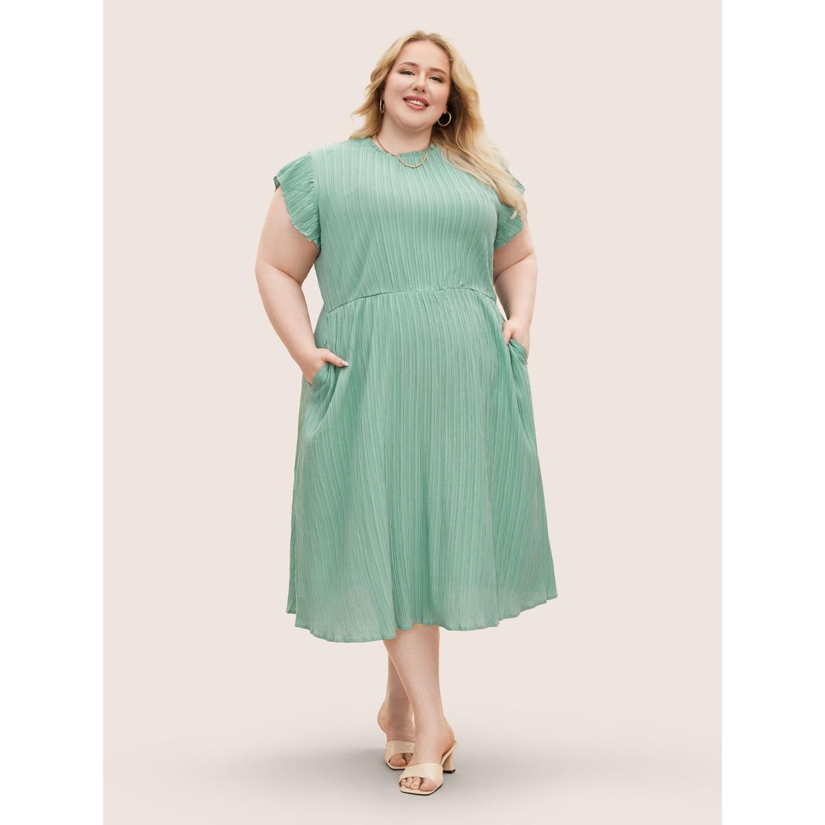 Plus Size Plain Cap Sleeve Ruffles Trim Mock Neck Pocket Dress Mint Women Elegant Pocket Round Neck Short sleeve Curvy Midi Dress BloomChic 18-20/2X Product Image