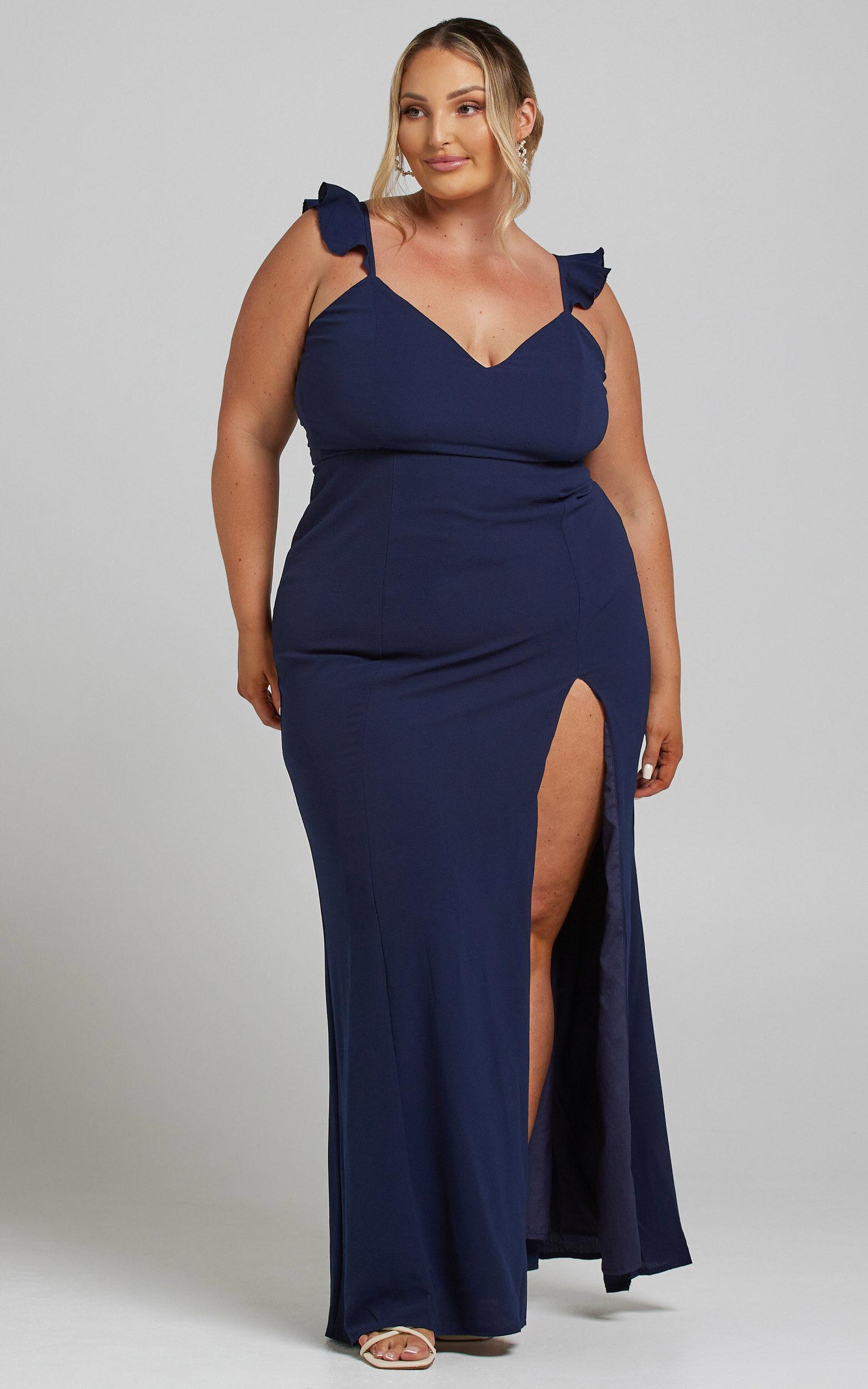 More Than This Maxi Dress - Ruffle Strap Thigh Split Dress in Navy Product Image