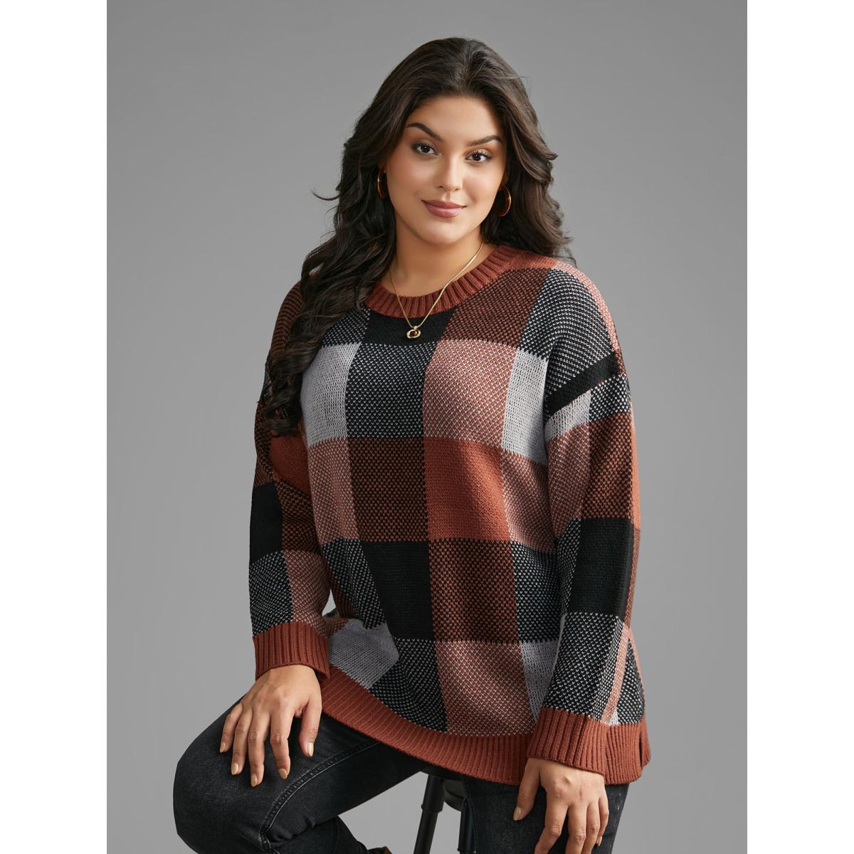 Plus Size Plaid Contrast Slit Hem Pullover Yellowishbrown Women Casual Loose Long Sleeve Round Neck Everyday Pullovers BloomChic 12/L Product Image