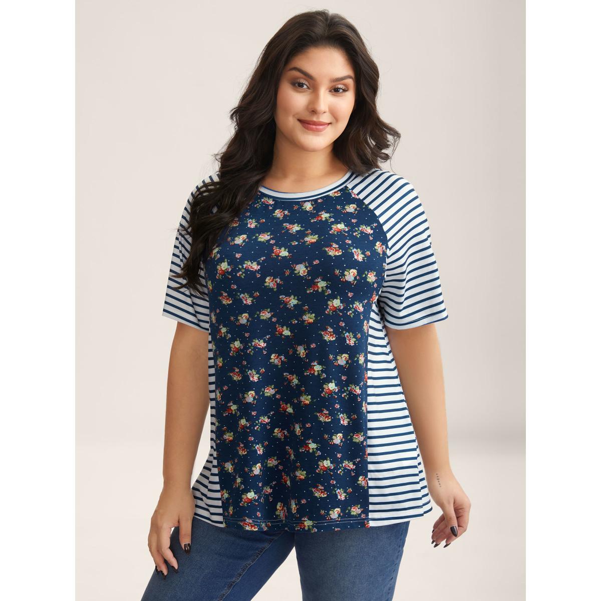 Plus Size Floral Stripes Raglan Sleeve T-Shirt Indigo Women Contrast Round Neck Everyday-Casual T-shirts BloomChic 10/M Product Image