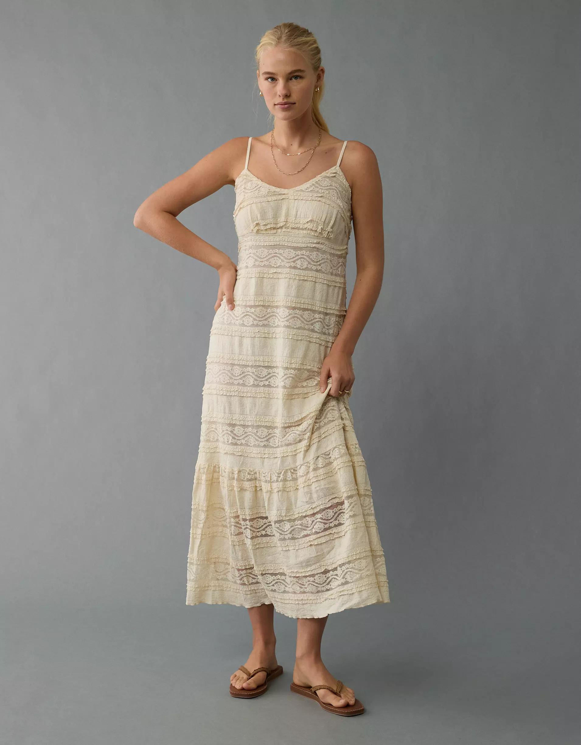 AE Lace V-Neck Tiered Midi Dress Product Image