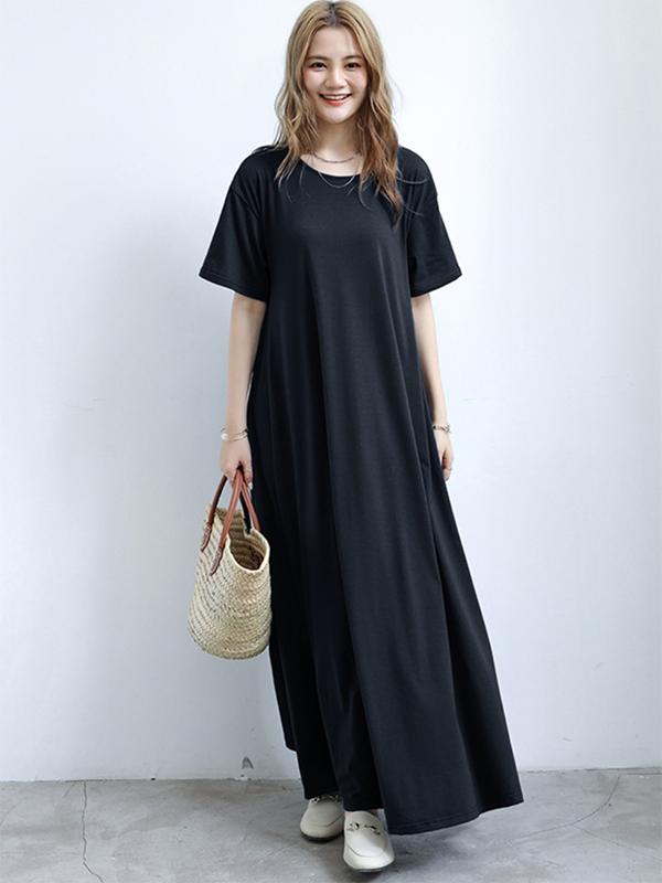 Simple Loose Short Sleeves Solid Color Round-Neck Maxi Dresses Product Image