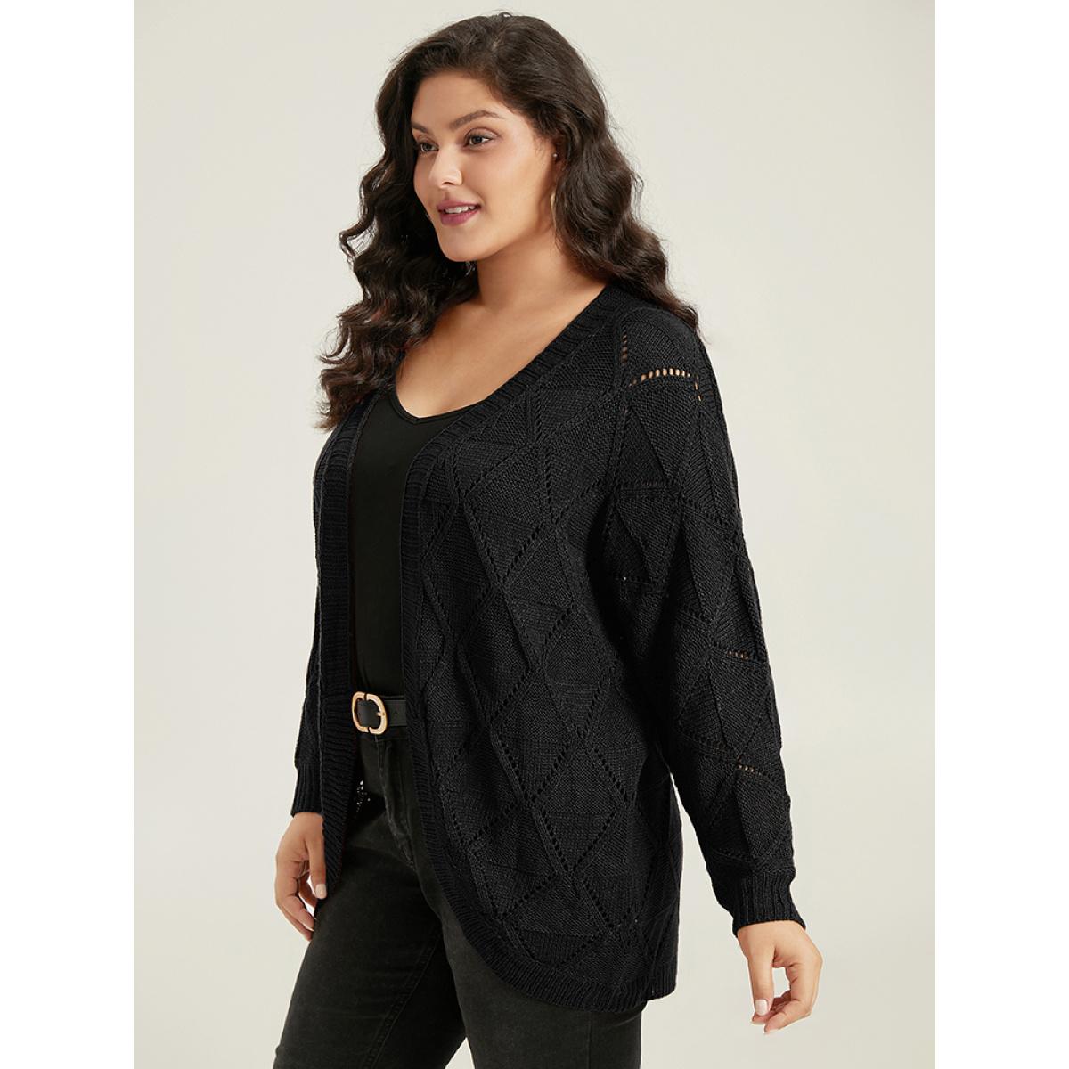 Plus Size Geometric Hollow Out Open Front Cardigan Black Women Casual Loose Long Sleeve Dailywear Cardigans BloomChic 28/5X Product Image