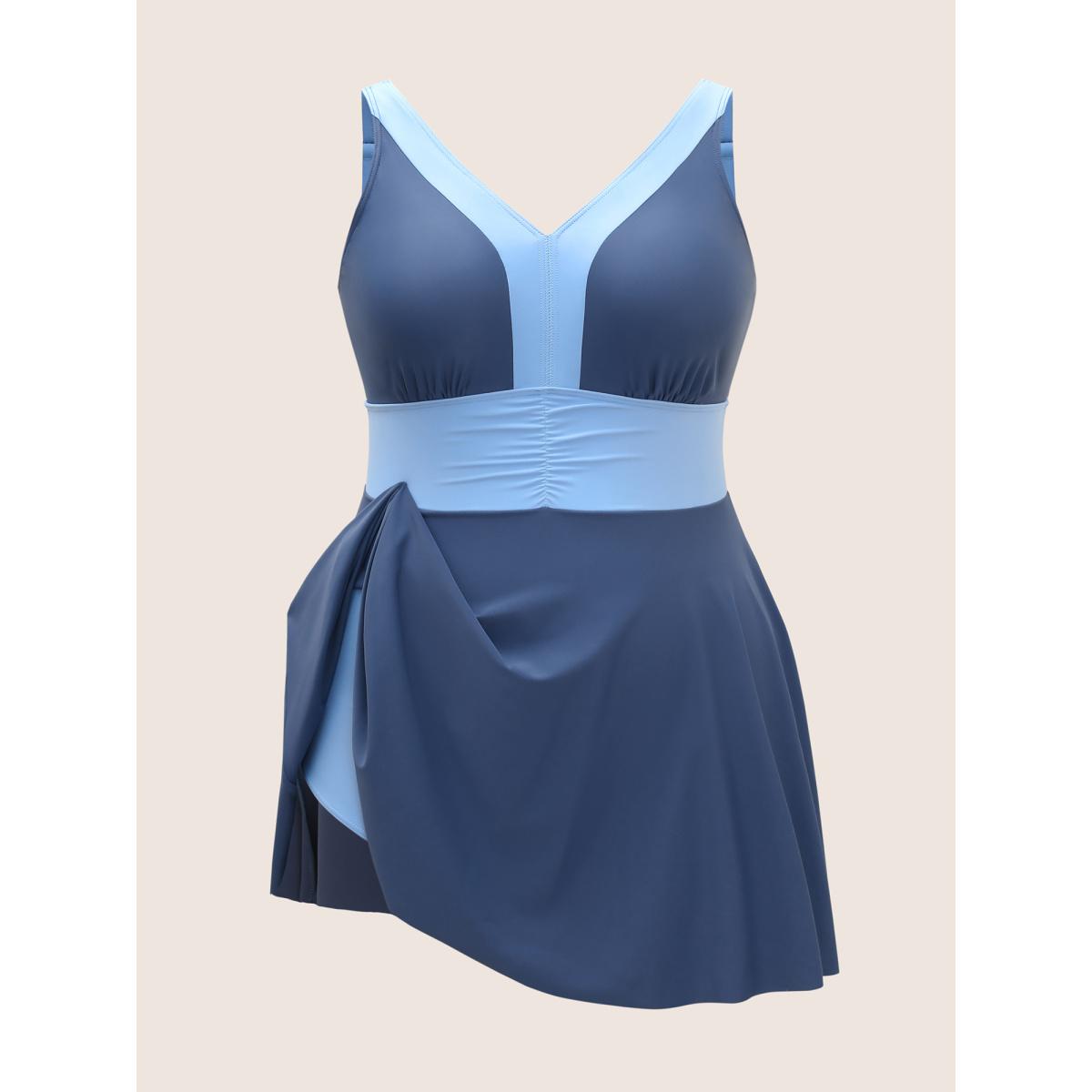 Plus Size Two Tone Patchwork Gathered Swim Dress Women's Swimwear Aegean Beach Bodycon V-neck High stretch Curve Swim Dresses BloomChic 14-16/1X Product Image