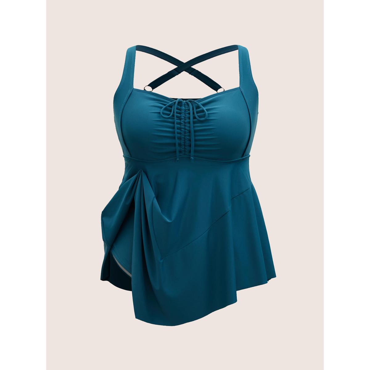 Plus Size Plain Gathered Adjustable Straps Drawstring Swim Dress Women's Swimwear Teal Beach Bodycon Heart neckline High stretch Curve Swim Dresses BloomChic 26/4X Product Image
