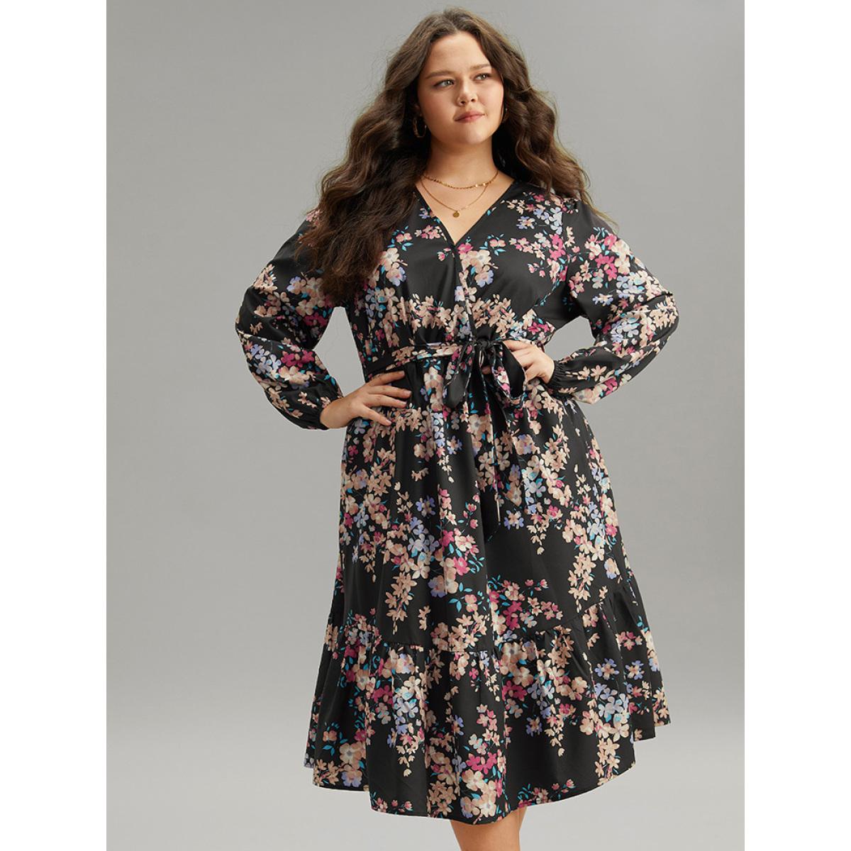 Plus Size Floral Print Overlap Collar Elastic Cuffs Dress Black Women Elegant Elastic cuffs Overlap Collar Long Sleeve Curvy Midi Dress BloomChic 12/L Product Image