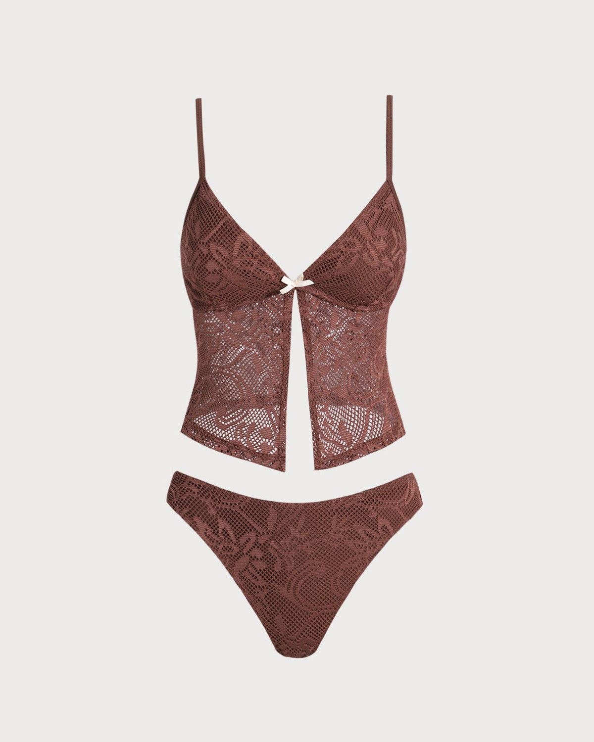 Brown Mesh Slit Tankini Swimsuit Product Image