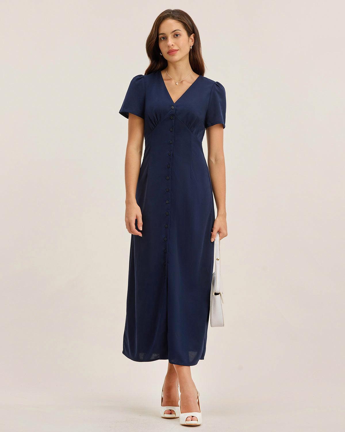 Blue V Neck Button Pleated Midi Dress Product Image