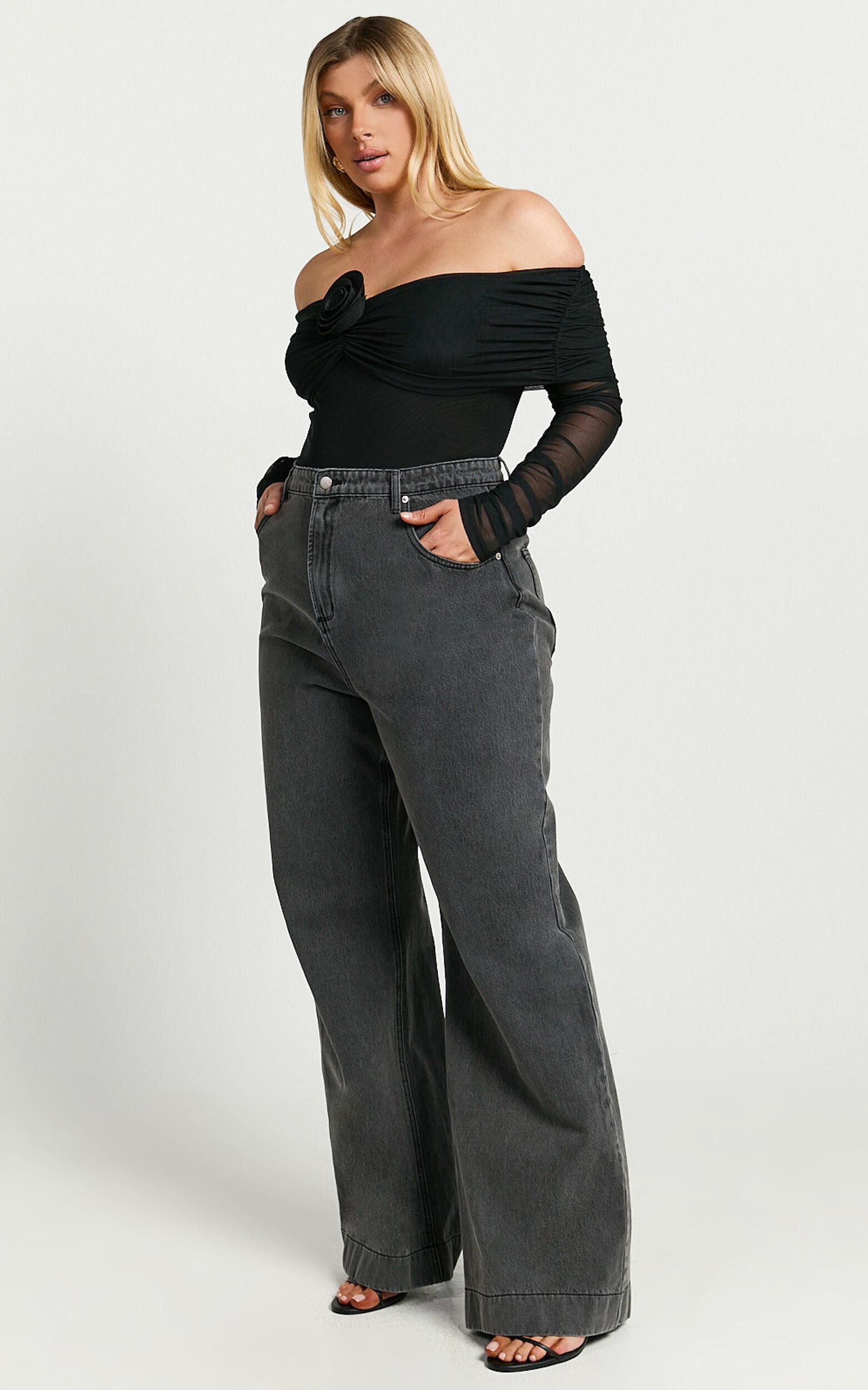 Seraphina Bodysuit - Off Shoulder Long Sleeve Detachable Rosette Mesh Bodysuit in Black Product Image