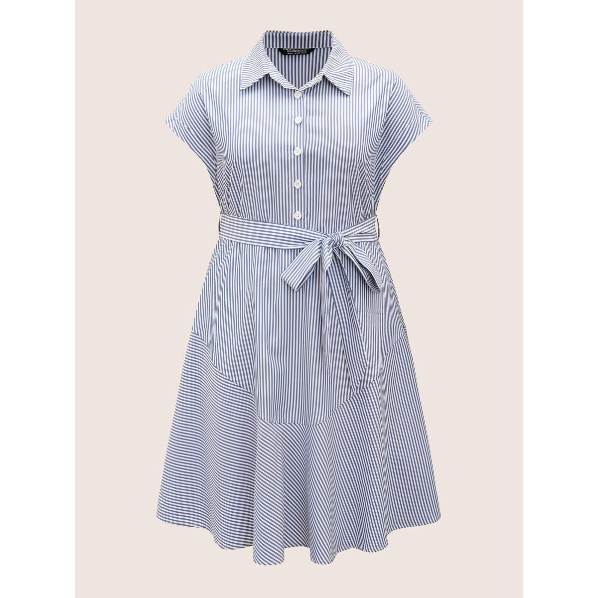 Plus Size Shirt Collar Striped Cap Sleeve Dress SlateGray Women At the Office Belted Shirt collar Sleeveless Curvy BloomChic 30/6X Product Image