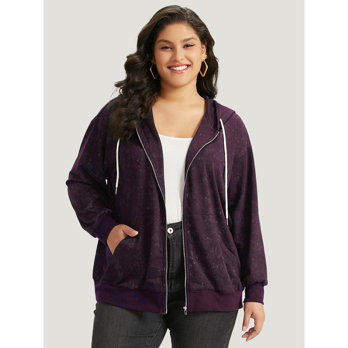 Plus Size Heather Hooded Drawstring Pocket Zipper Fly Sweatshirt Women Purple Casual Elastic cuffs Hooded Everyday Sweatshirts BloomChic 30/6X Product Image