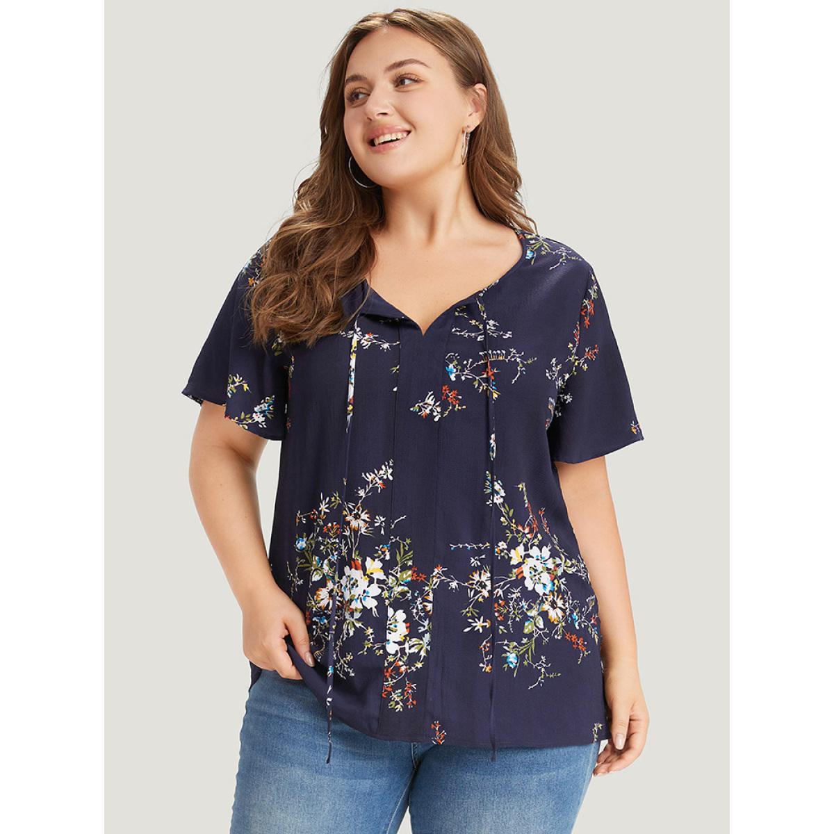 Plus Size Blue Floral Print Knot Neck Blouse Women Elegant Short sleeve Tie Neck Dailywear Blouses BloomChic 10/M Product Image