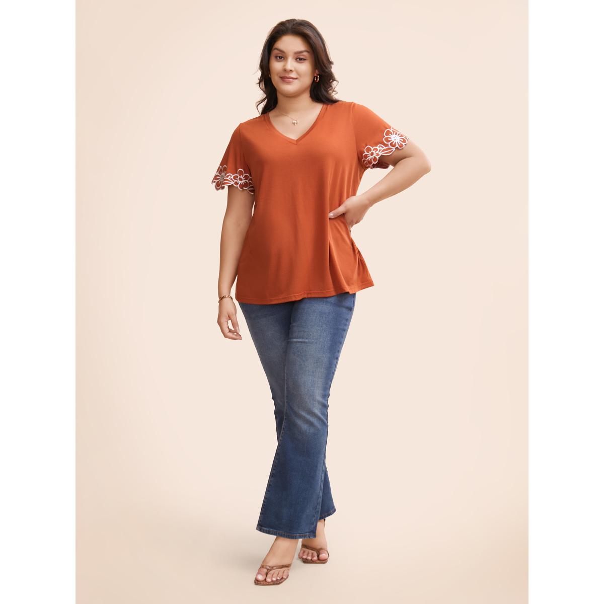 Plus Size V Neck Floral Embroidered T-shirt Rust Women Resort Embroidered V-neck Vacation T-shirts BloomChic 14-16/1X Product Image