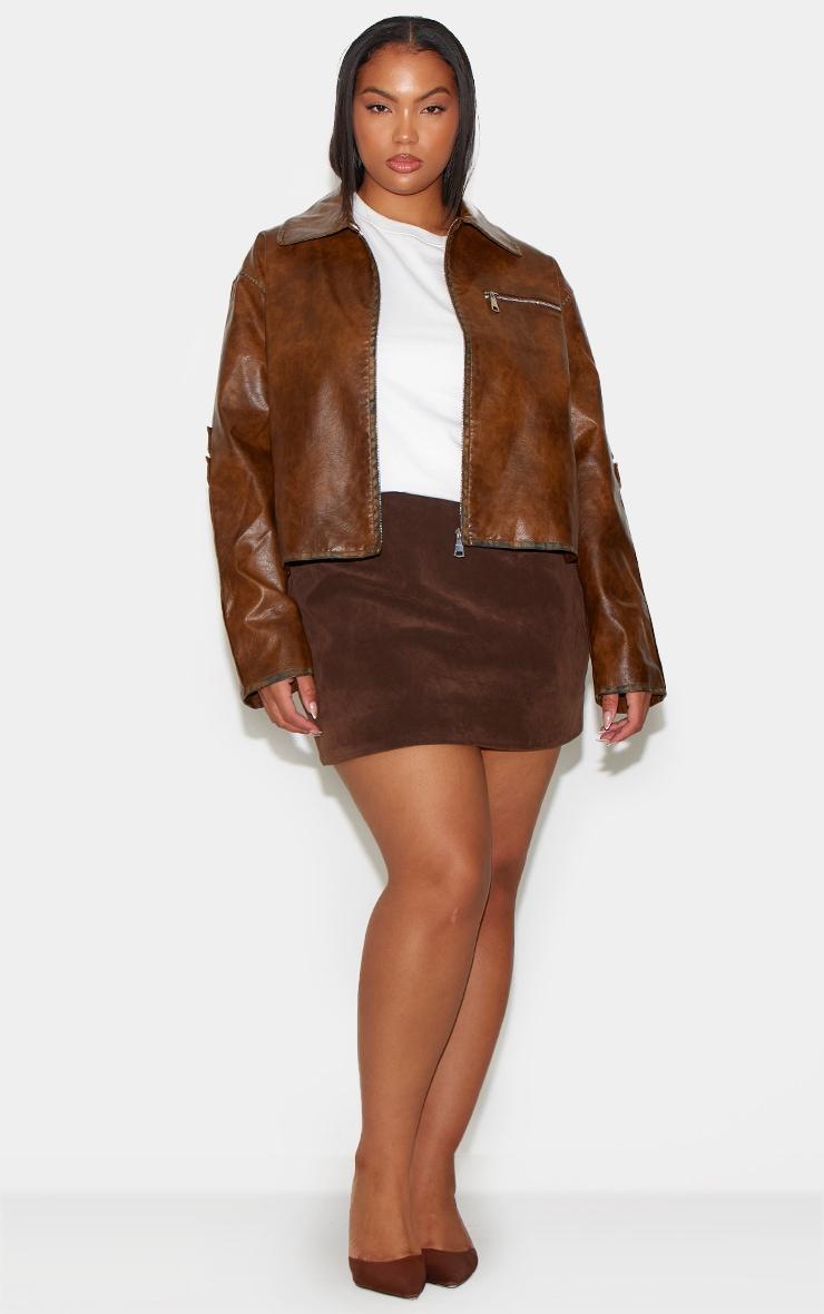 Plus Brown Zip Up Faux Leather Jacket Product Image
