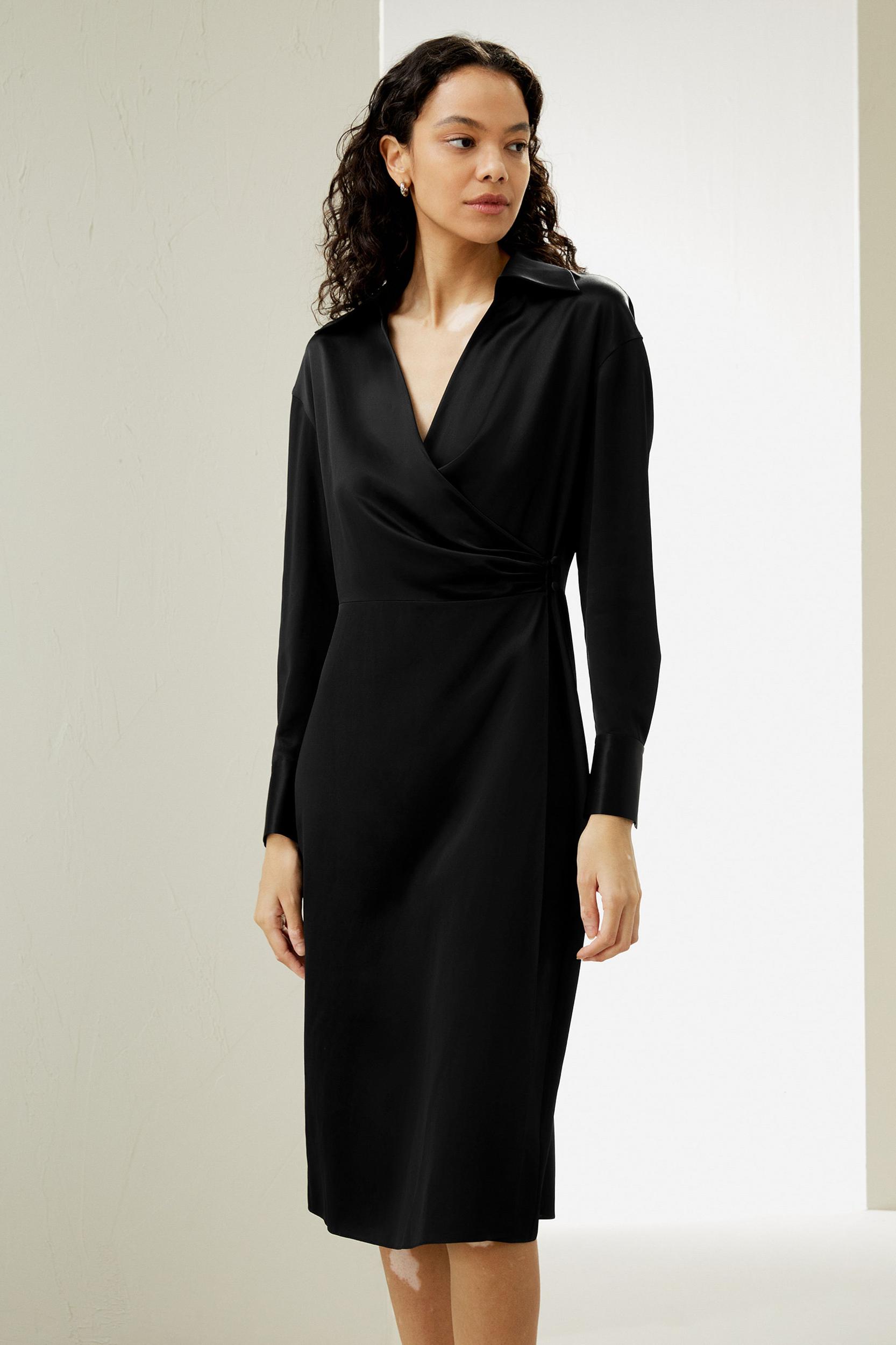 Collared Silk Wrap Dress Product Image
